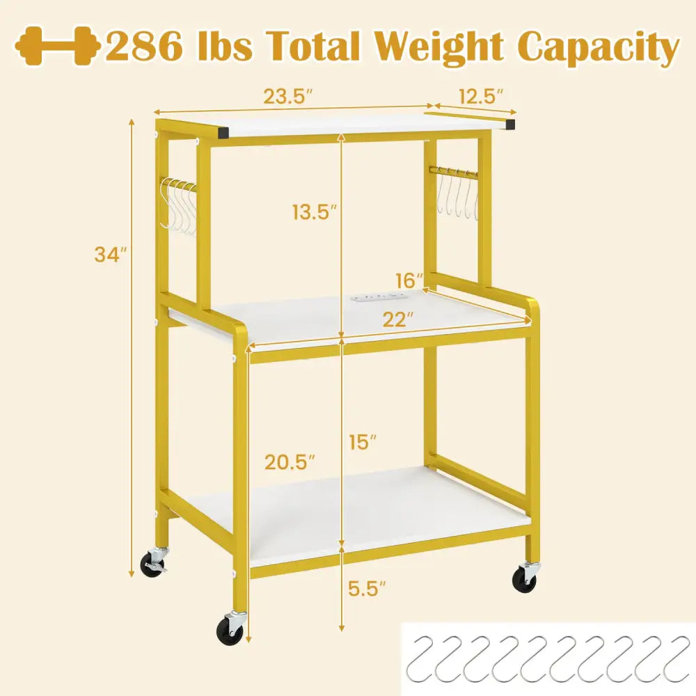 3-Tier Rolling Microwave Cart with Power Outlet and Lockable Wheels and 10 Hooks-White - White & Golden - Kitchen