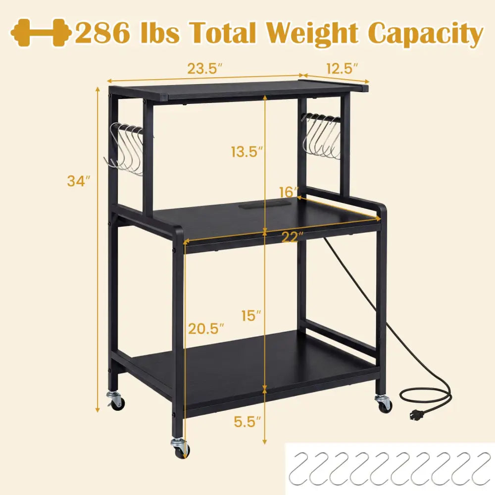 3-Tier Rolling Microwave Cart with Power Outlet and Lockable Wheels and 10 Hooks-Black - Black - Kitchen Islands & Carts