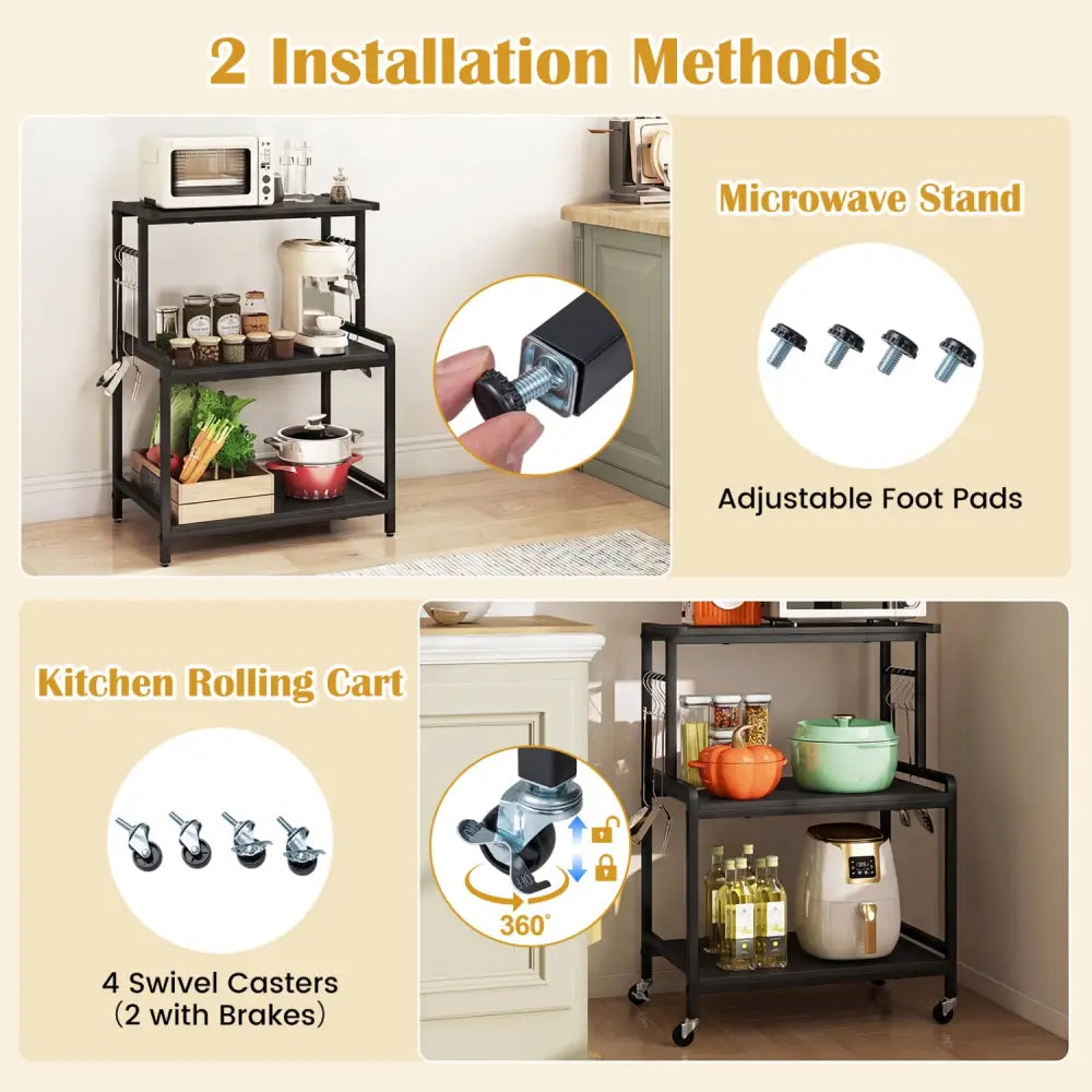 3-Tier Rolling Microwave Cart with Power Outlet and Lockable Wheels and 10 Hooks-Black - Black - Kitchen Islands & Carts