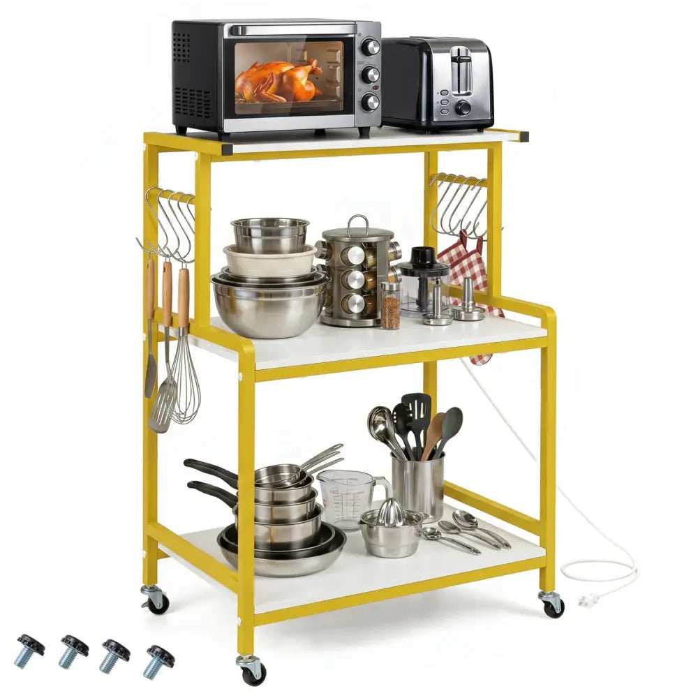 3-Tier Rolling Microwave Cart with Power Outlet and Lockable Wheels and 10 Hooks-White - White & Golden - Kitchen