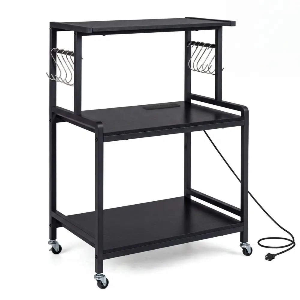 3-Tier Rolling Microwave Cart with Power Outlet and Lockable Wheels and 10 Hooks-Black - Black - Kitchen Islands & Carts