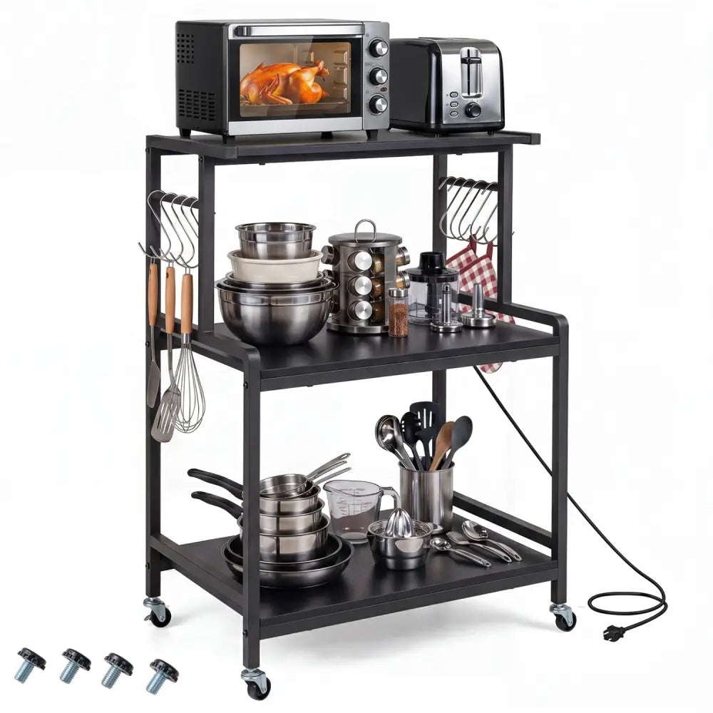 3-Tier Rolling Microwave Cart with Power Outlet and Lockable Wheels and 10 Hooks-Black - Black - Kitchen Islands & Carts