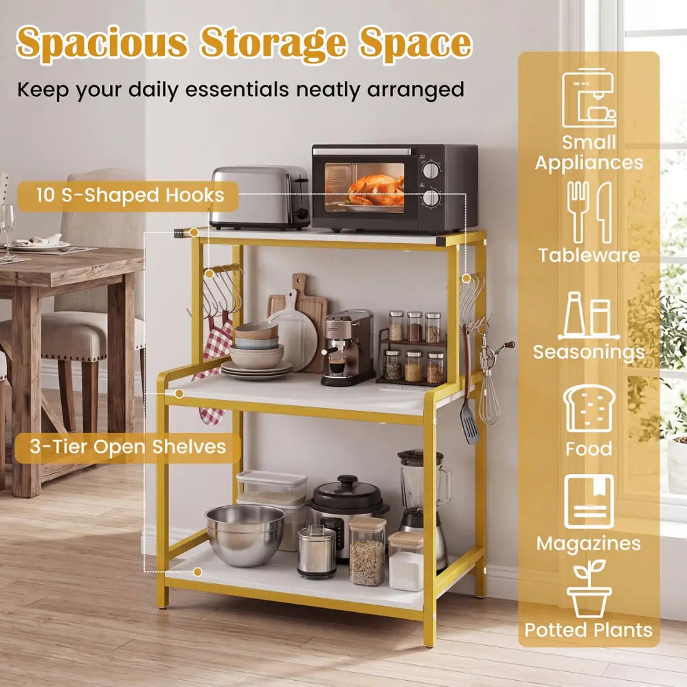 3-Tier Rolling Microwave Cart with Power Outlet and Lockable Wheels and 10 Hooks-White - White & Golden - Kitchen