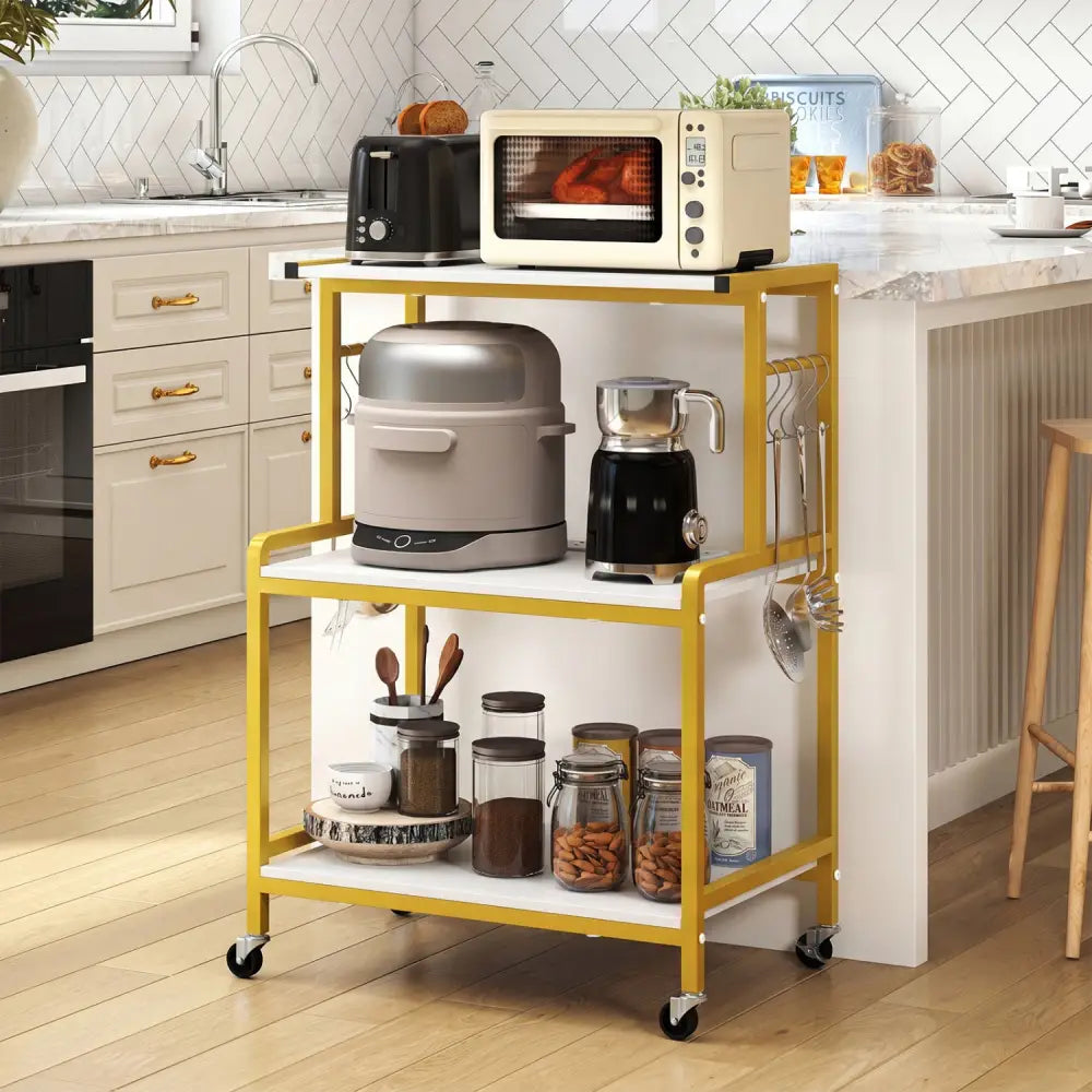 3-Tier Rolling Microwave Cart with Power Outlet and Lockable Wheels and 10 Hooks-White - White & Golden - Kitchen