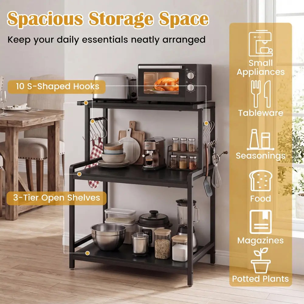 3-Tier Rolling Microwave Cart with Power Outlet and Lockable Wheels and 10 Hooks-Black - Black - Kitchen Islands & Carts