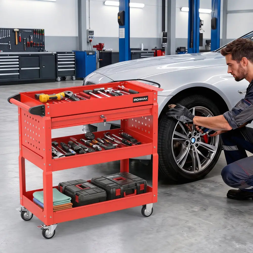3 Tier Rolling Tool Cart with Lockable Drawer for Garage and Workshop-Red - Red - Garages