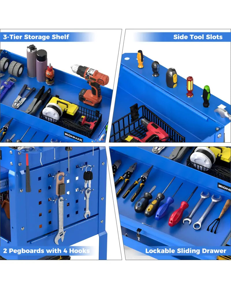 3 Tier Rolling Tool Cart with Lockable Drawer for Garage and Workshop-Blue - Blue - Garages