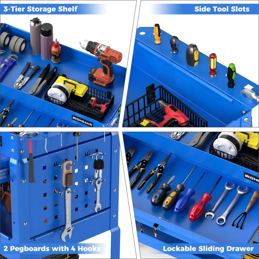 3 Tier Rolling Tool Cart with Lockable Drawer for Garage and Workshop-Blue - Blue - Garages
