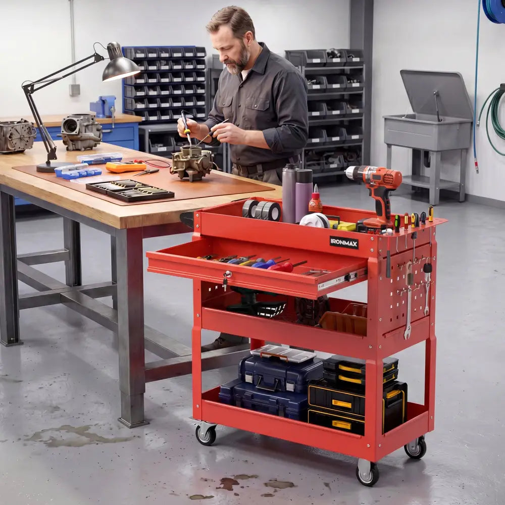 3 Tier Rolling Tool Cart with Lockable Drawer for Garage and Workshop-Red - Red - Garages