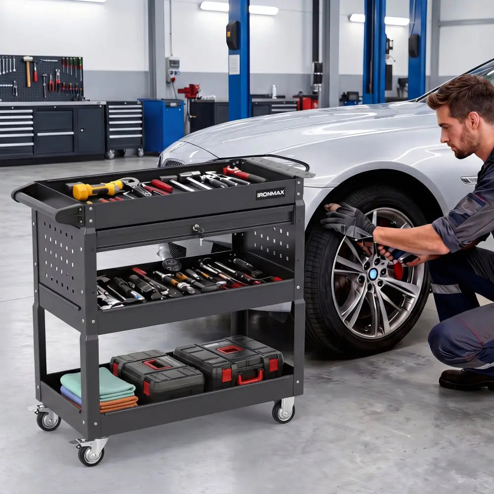 3 Tier Rolling Tool Cart with Lockable Drawer for Garage and Workshop-Black - Black - Garages