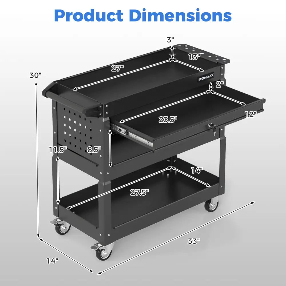 3 Tier Rolling Tool Cart with Lockable Drawer for Garage and Workshop-Black - Black - Garages