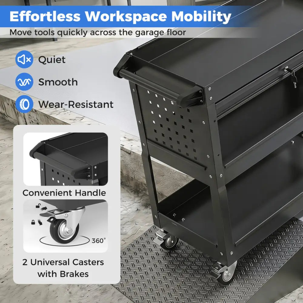 3 Tier Rolling Tool Cart with Lockable Drawer for Garage and Workshop-Black - Black - Garages
