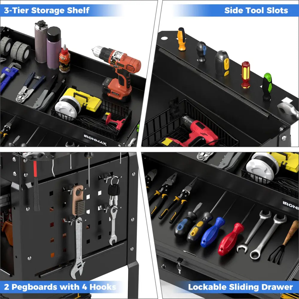 3 Tier Rolling Tool Cart with Lockable Drawer for Garage and Workshop-Black - Black - Garages
