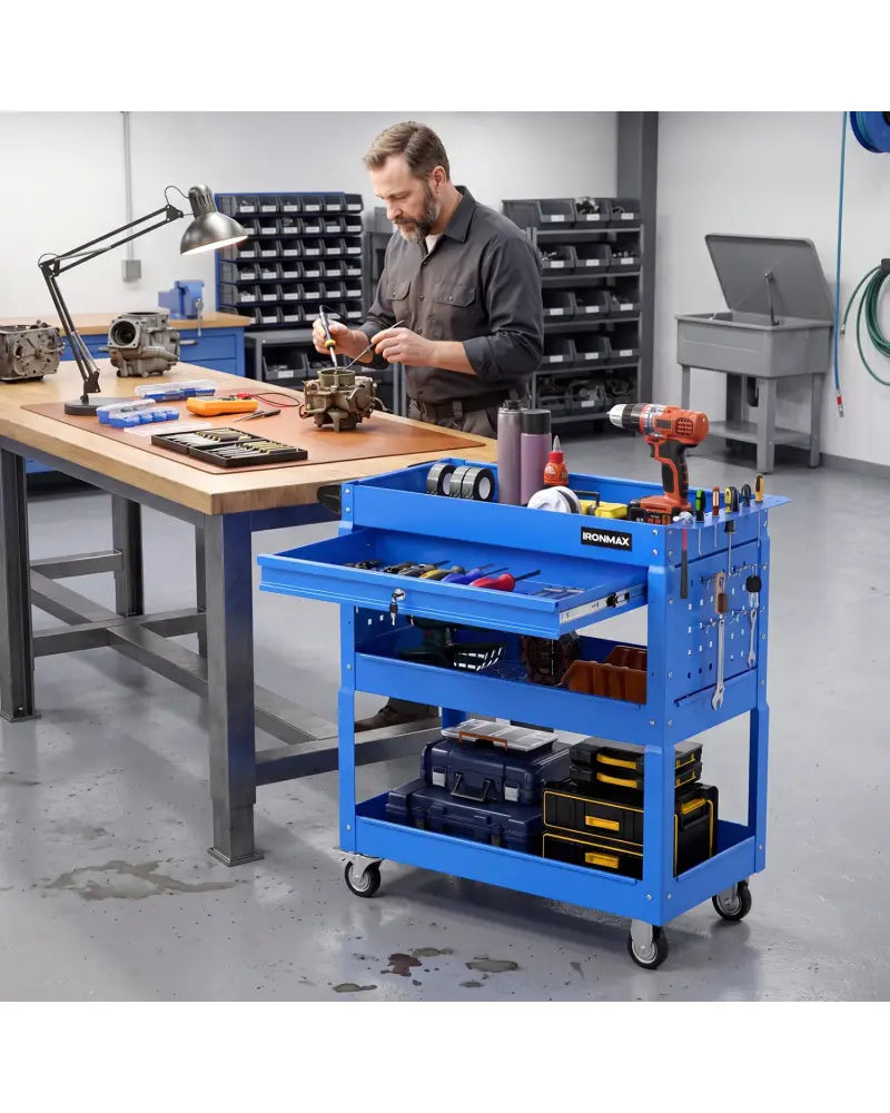 3 Tier Rolling Tool Cart with Lockable Drawer for Garage and Workshop-Blue - Blue - Garages