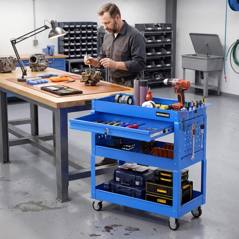 3 Tier Rolling Tool Cart with Lockable Drawer for Garage and Workshop-Blue - Blue - Garages