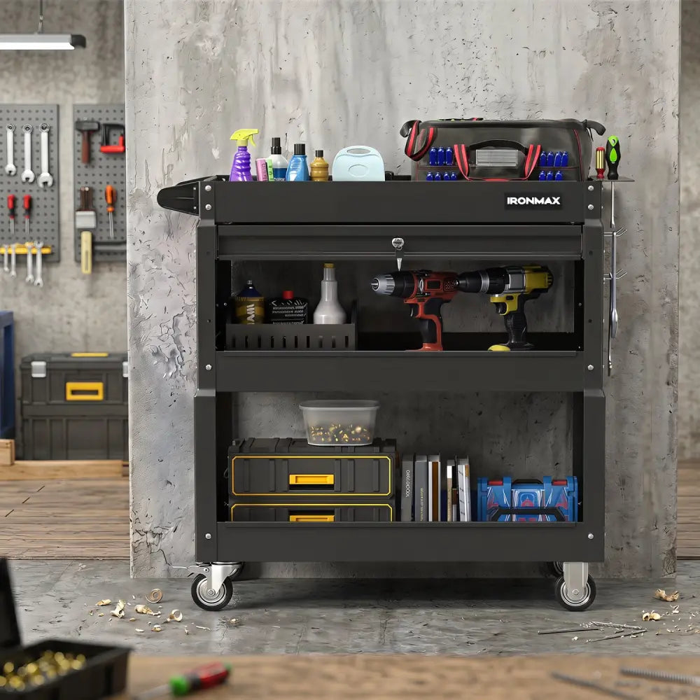 3 Tier Rolling Tool Cart with Lockable Drawer for Garage and Workshop-Black - Black - Garages