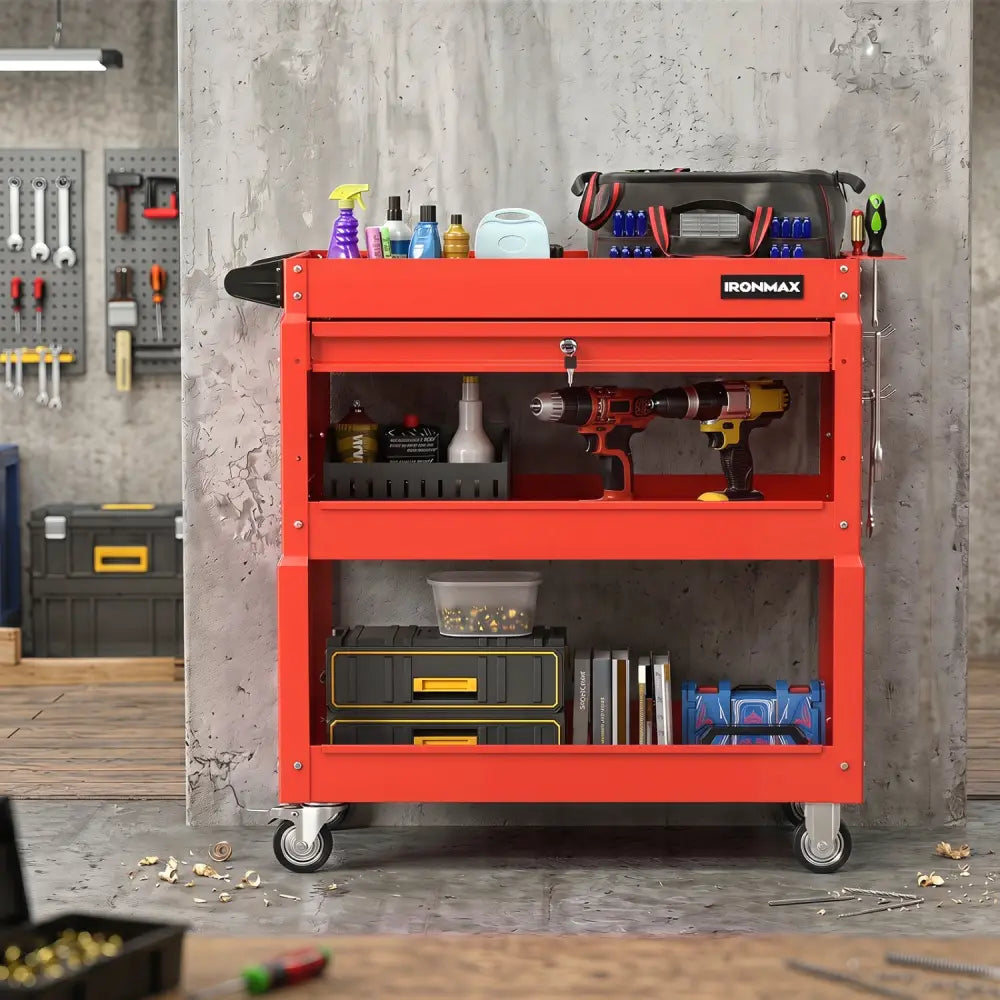 3 Tier Rolling Tool Cart with Lockable Drawer for Garage and Workshop-Red - Red - Garages