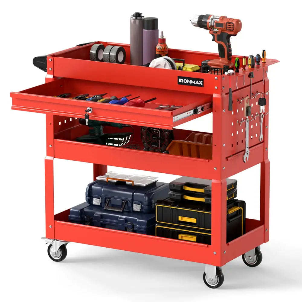 3 Tier Rolling Tool Cart with Lockable Drawer for Garage and Workshop-Red - Red - Garages