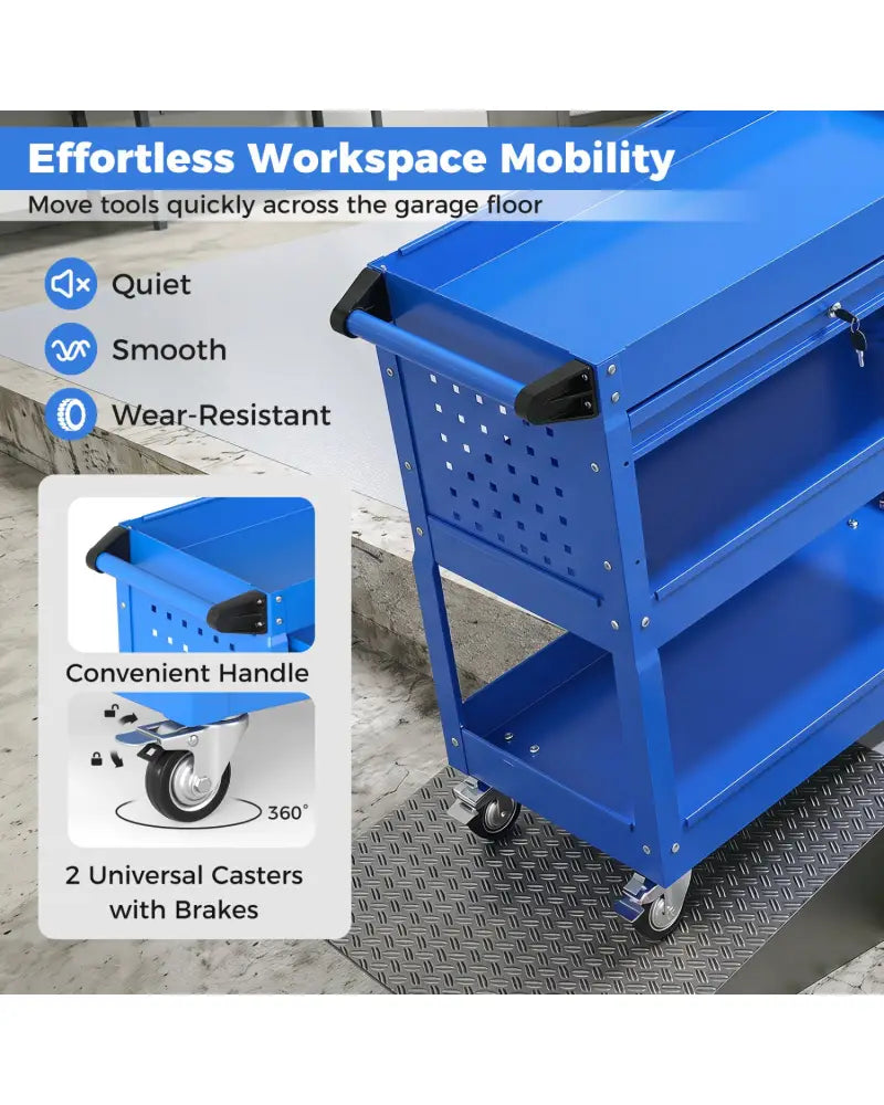 3 Tier Rolling Tool Cart with Lockable Drawer for Garage and Workshop-Blue - Blue - Garages
