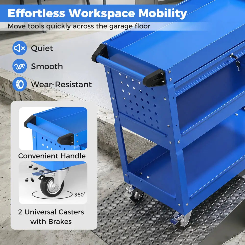 3 Tier Rolling Tool Cart with Lockable Drawer for Garage and Workshop-Blue - Blue - Garages