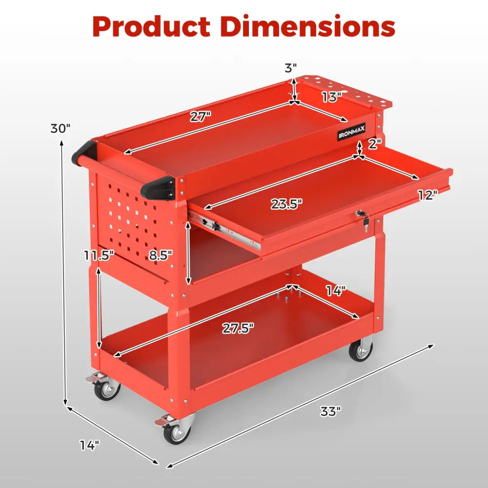 3 Tier Rolling Tool Cart with Lockable Drawer for Garage and Workshop-Red - Red - Garages