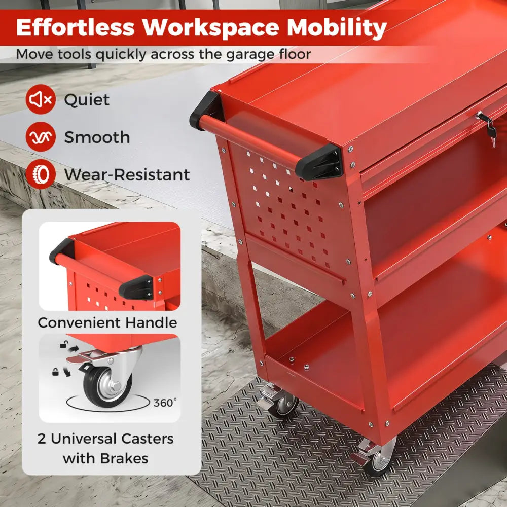 3 Tier Rolling Tool Cart with Lockable Drawer for Garage and Workshop-Red - Red - Garages