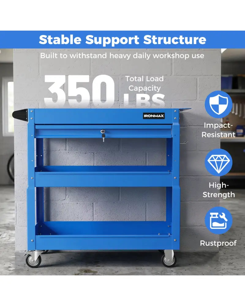 3 Tier Rolling Tool Cart with Lockable Drawer for Garage and Workshop-Blue - Blue - Garages