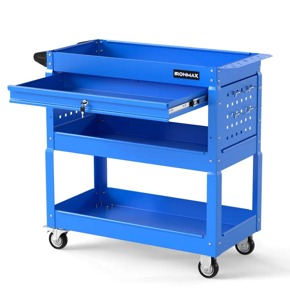 3 Tier Rolling Tool Cart with Lockable Drawer for Garage and Workshop-Blue - Blue - Garages