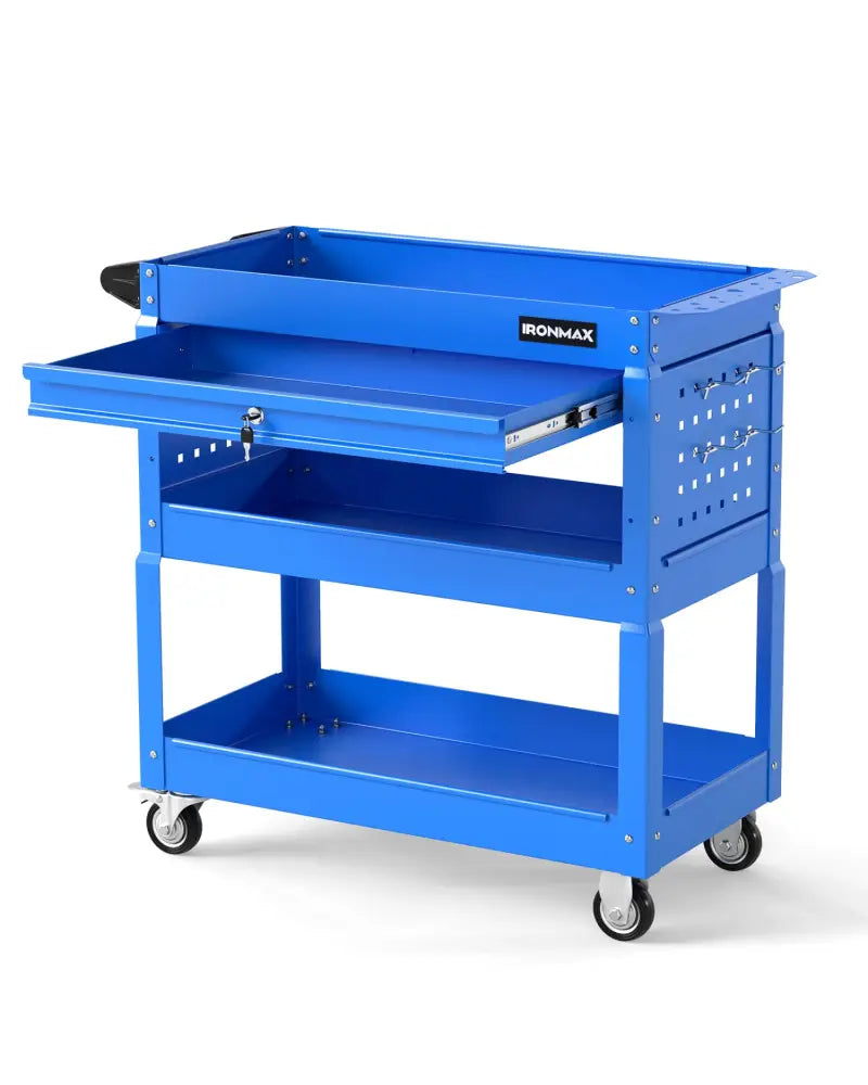 3 Tier Rolling Tool Cart with Lockable Drawer for Garage and Workshop-Blue - Blue - Garages