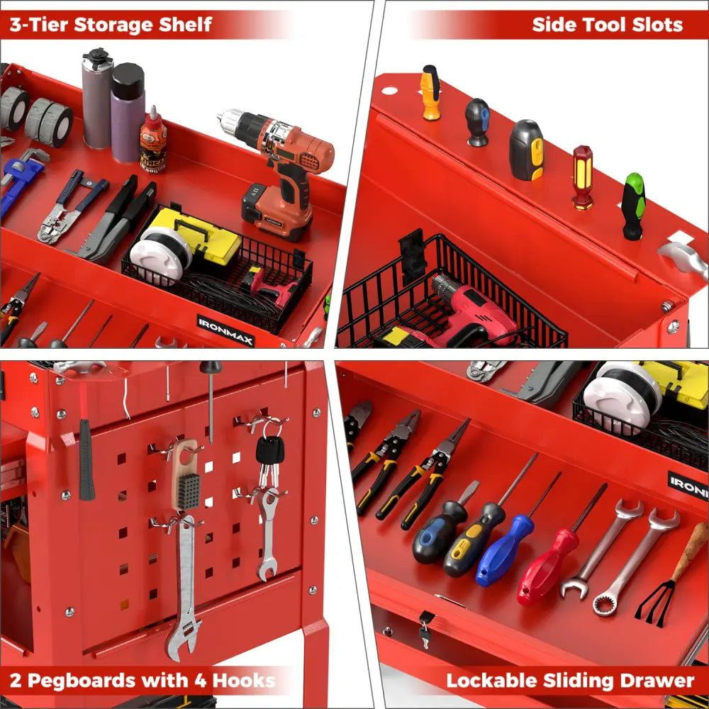 3 Tier Rolling Tool Cart with Lockable Drawer for Garage and Workshop-Red - Red - Garages