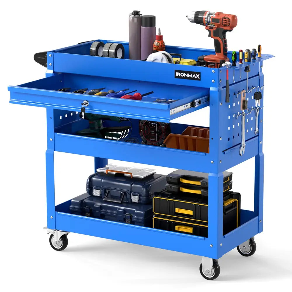 3 Tier Rolling Tool Cart with Lockable Drawer for Garage and Workshop-Blue - Blue - Garages