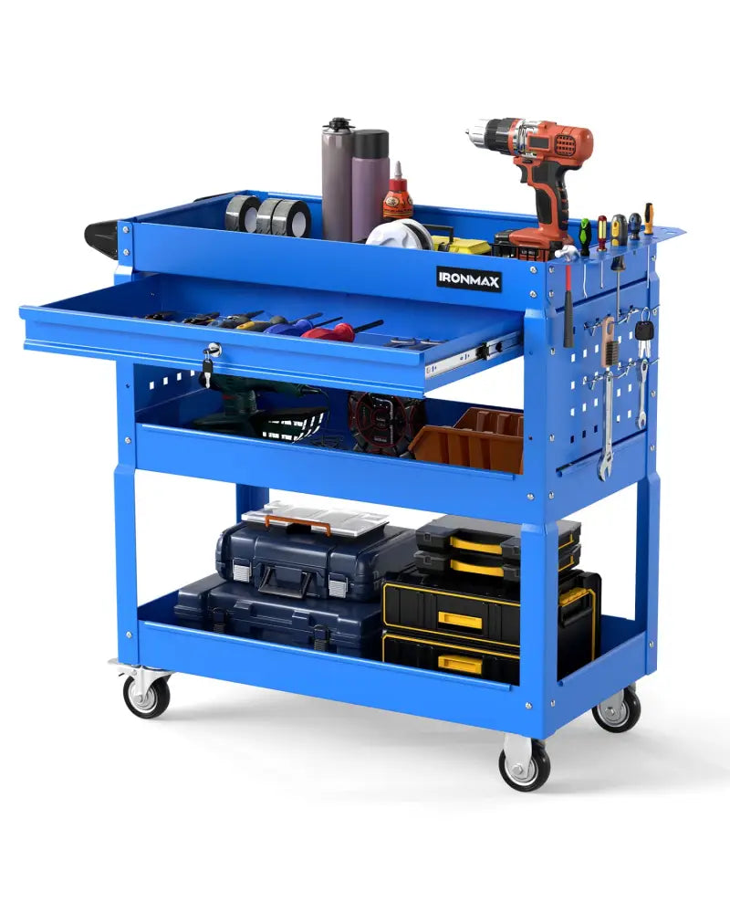 3 Tier Rolling Tool Cart with Lockable Drawer for Garage and Workshop-Blue - Blue - Garages