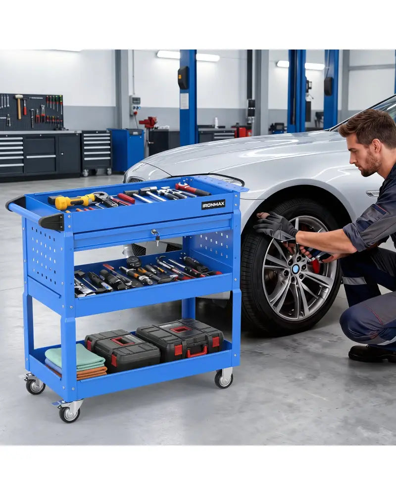 3 Tier Rolling Tool Cart with Lockable Drawer for Garage and Workshop-Blue - Blue - Garages