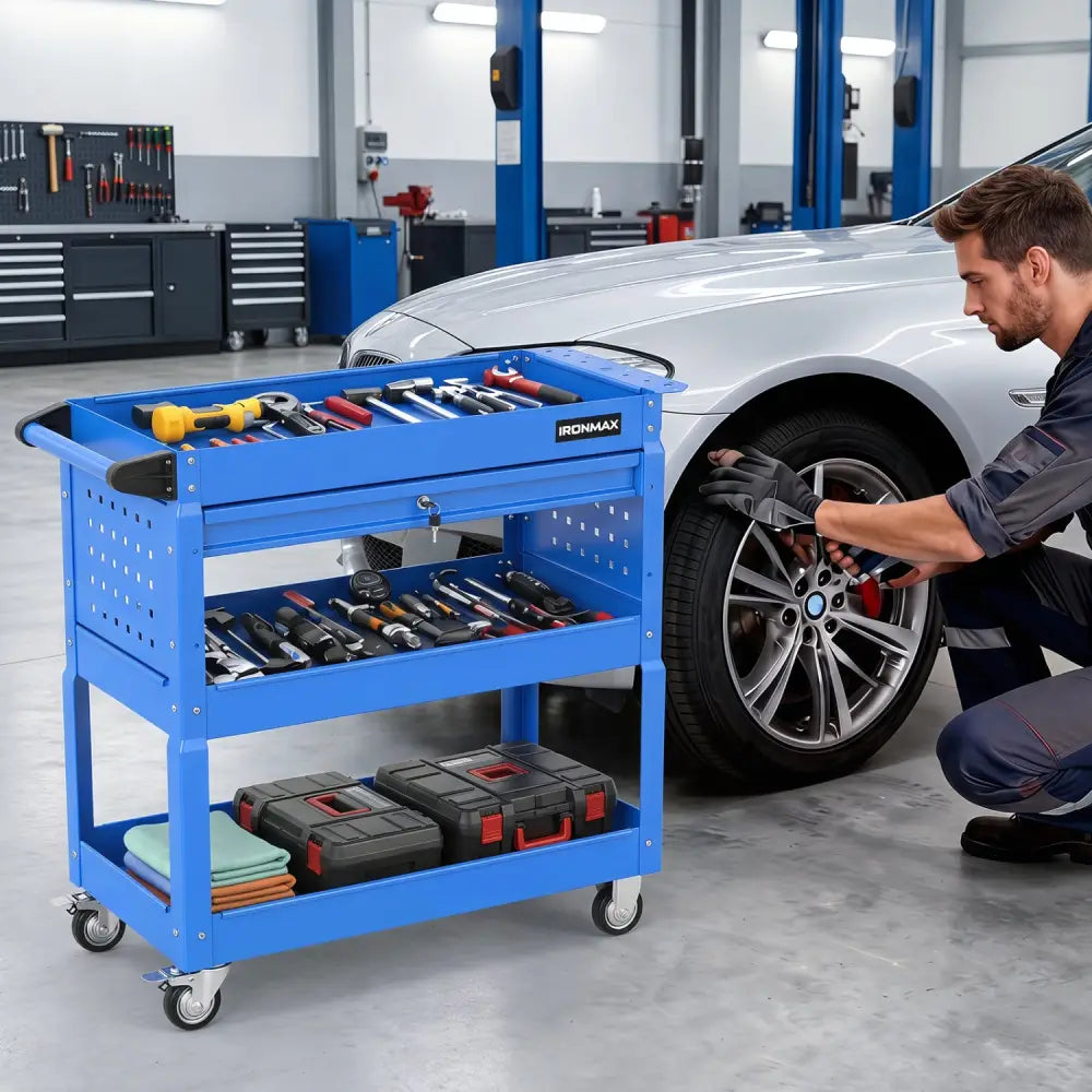 3 Tier Rolling Tool Cart with Lockable Drawer for Garage and Workshop-Blue - Blue - Garages