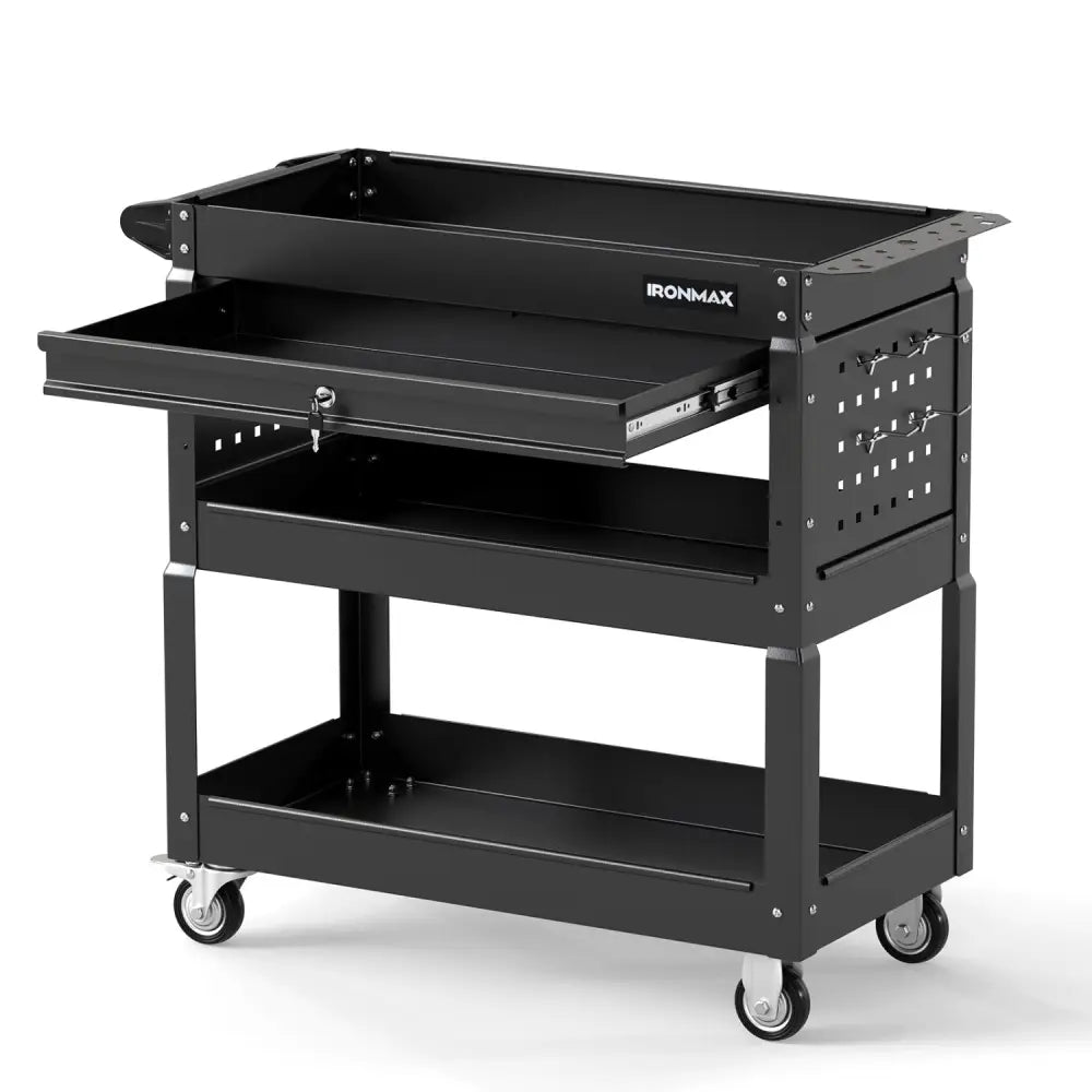 3 Tier Rolling Tool Cart with Lockable Drawer for Garage and Workshop-Black - Black - Garages