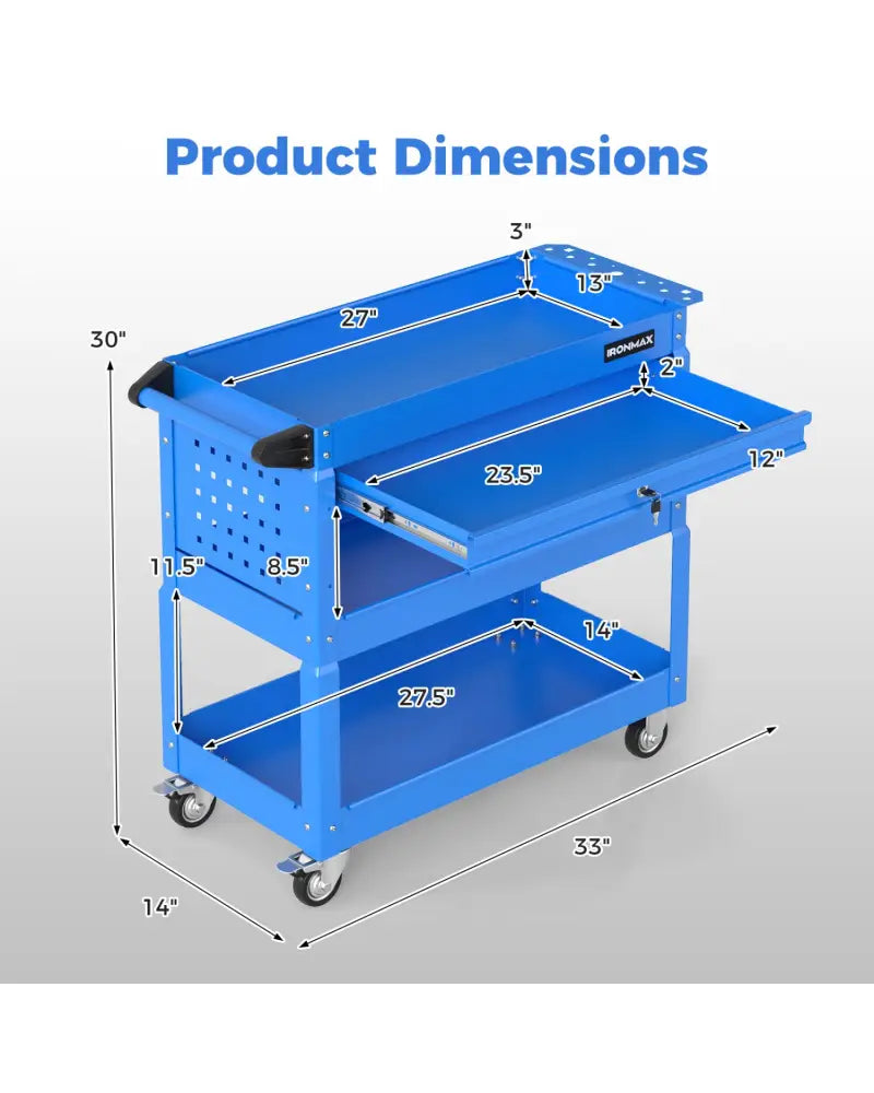 3 Tier Rolling Tool Cart with Lockable Drawer for Garage and Workshop-Blue - Blue - Garages