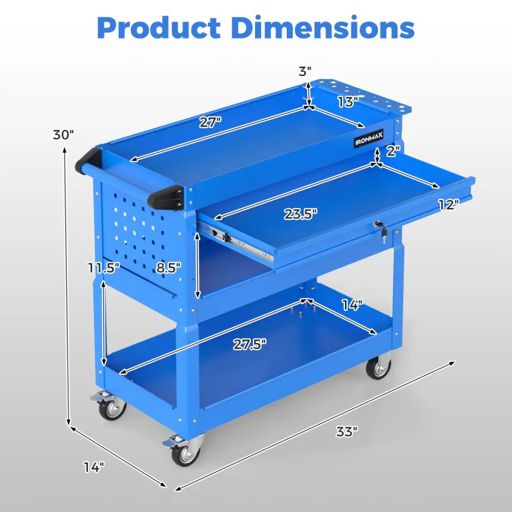 3 Tier Rolling Tool Cart with Lockable Drawer for Garage and Workshop-Blue - Blue - Garages