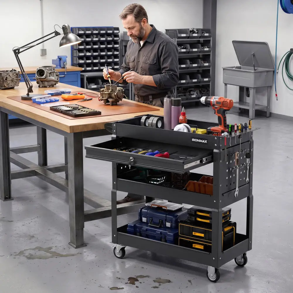 3 Tier Rolling Tool Cart with Lockable Drawer for Garage and Workshop-Black - Black - Garages