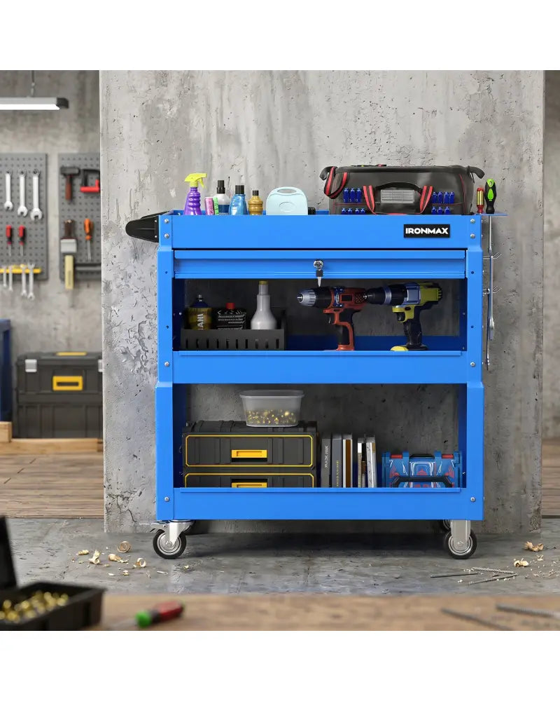 3 Tier Rolling Tool Cart with Lockable Drawer for Garage and Workshop-Blue - Blue - Garages