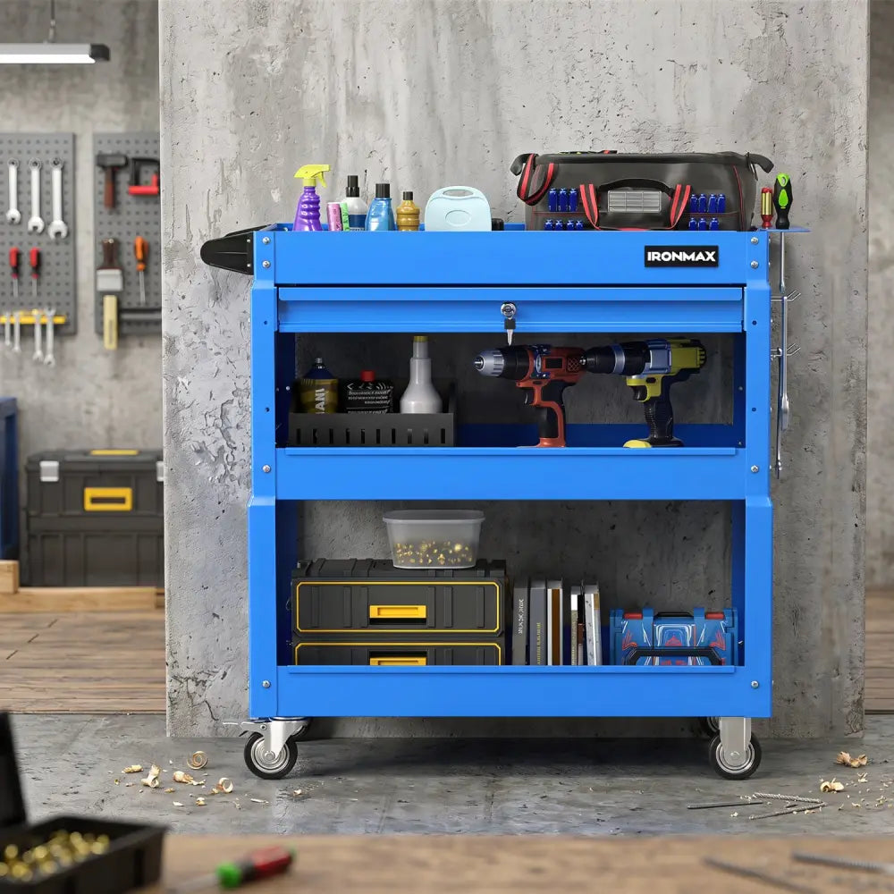 3 Tier Rolling Tool Cart with Lockable Drawer for Garage and Workshop-Blue - Blue - Garages