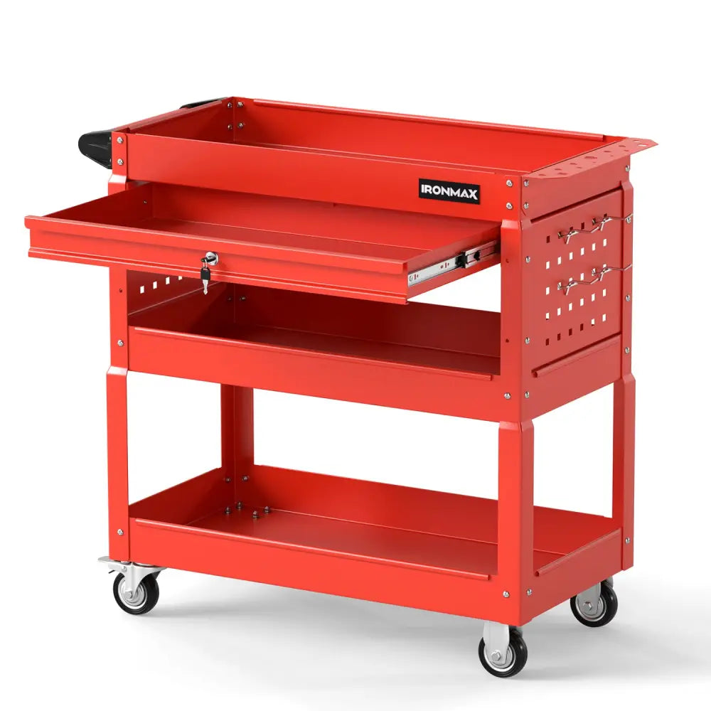 3 Tier Rolling Tool Cart with Lockable Drawer for Garage and Workshop-Red - Red - Garages