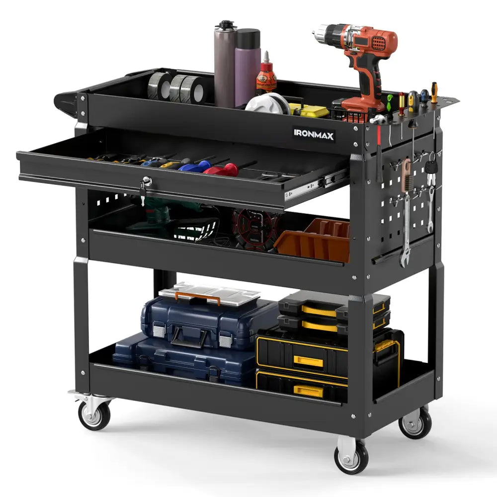 3 Tier Rolling Tool Cart with Lockable Drawer for Garage and Workshop-Black - Black - Garages