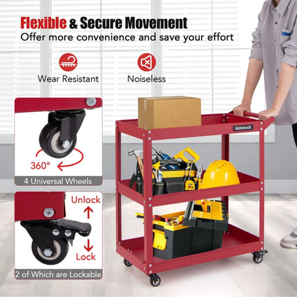 3-Tier Rolling Tool Cart with Spacious Shelves 4 Universal Wheels and 2 Brakes-Red - Red - Garages