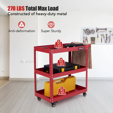3-Tier Rolling Tool Cart with Spacious Shelves 4 Universal Wheels and 2 Brakes-Red - Red - Garages