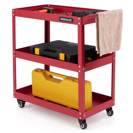 3-Tier Rolling Tool Cart with Spacious Shelves 4 Universal Wheels and 2 Brakes-Red - Red - Garages