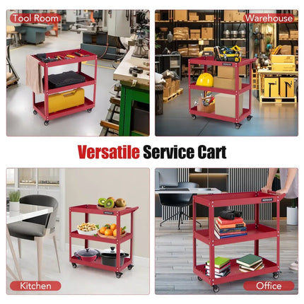 3-Tier Rolling Tool Cart with Spacious Shelves 4 Universal Wheels and 2 Brakes-Red - Red - Garages