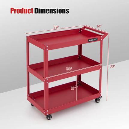 3-Tier Rolling Tool Cart with Spacious Shelves 4 Universal Wheels and 2 Brakes-Red - Red - Garages