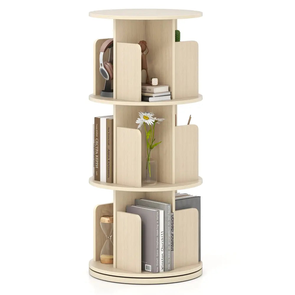 3-Tier Rotating Bookshelf with Dividers and Anti-falling Baffles-Natural - Natural - Bookcases