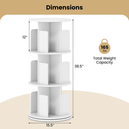 3-Tier Rotating Bookshelf with Dividers and Anti-falling Baffles-White Costway