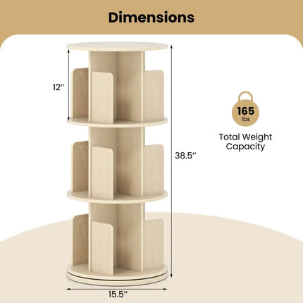 3-Tier Rotating Bookshelf with Dividers and Anti-falling Baffles-Natural Costway
